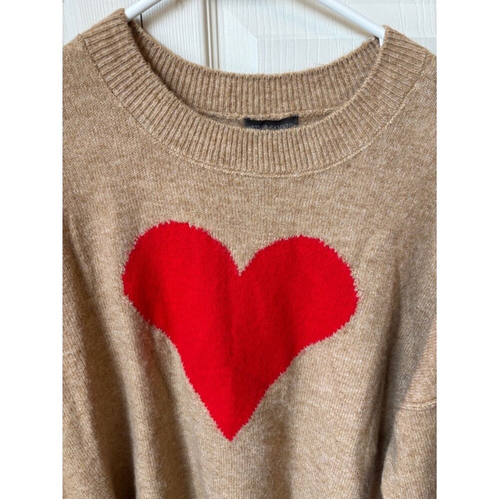 Vince Camuto tan red Heart Crewneck  oversized Sweater Womens LG soft cozy EUC - Picture 2 of 7